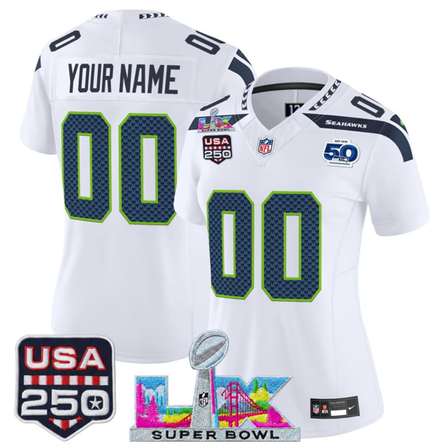 Women's Seattle Seahawks Active Player Custom White 2025 F.U.S.E. Super Bowl LX Patch And 50th Season & USA 250' Patch Vapor Limited Football Stitched Jersey(Run Small)